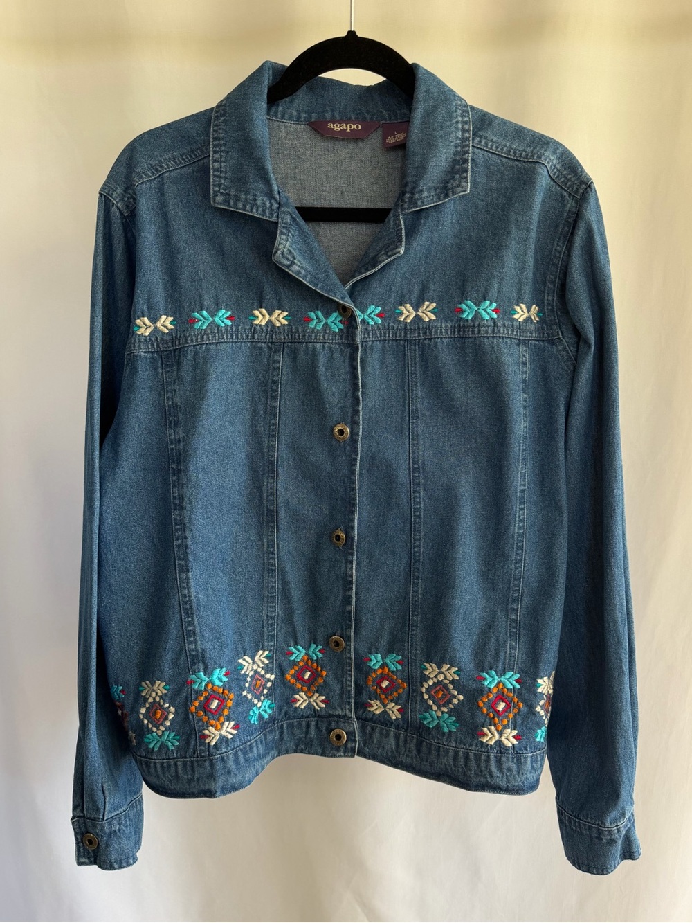 Vintage Agapo Denim Jacket Women’s Size L Western Embroidered 100% Cotton